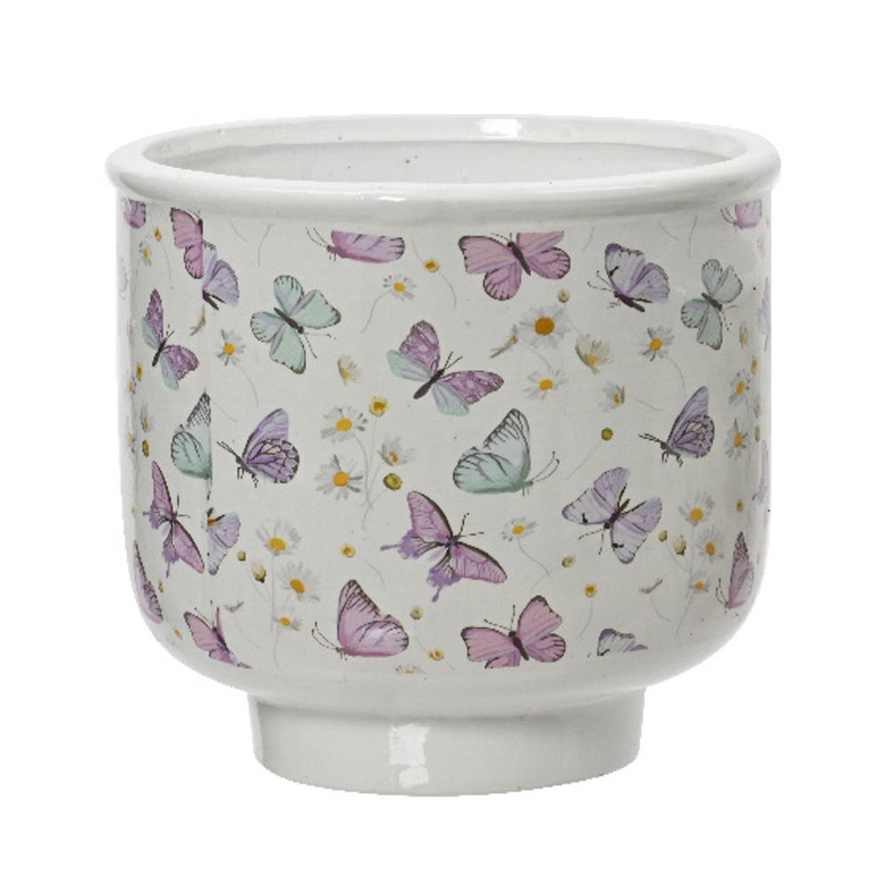 Keramické obaly - Obal terakotový válcový s motýlky bílý 15cm