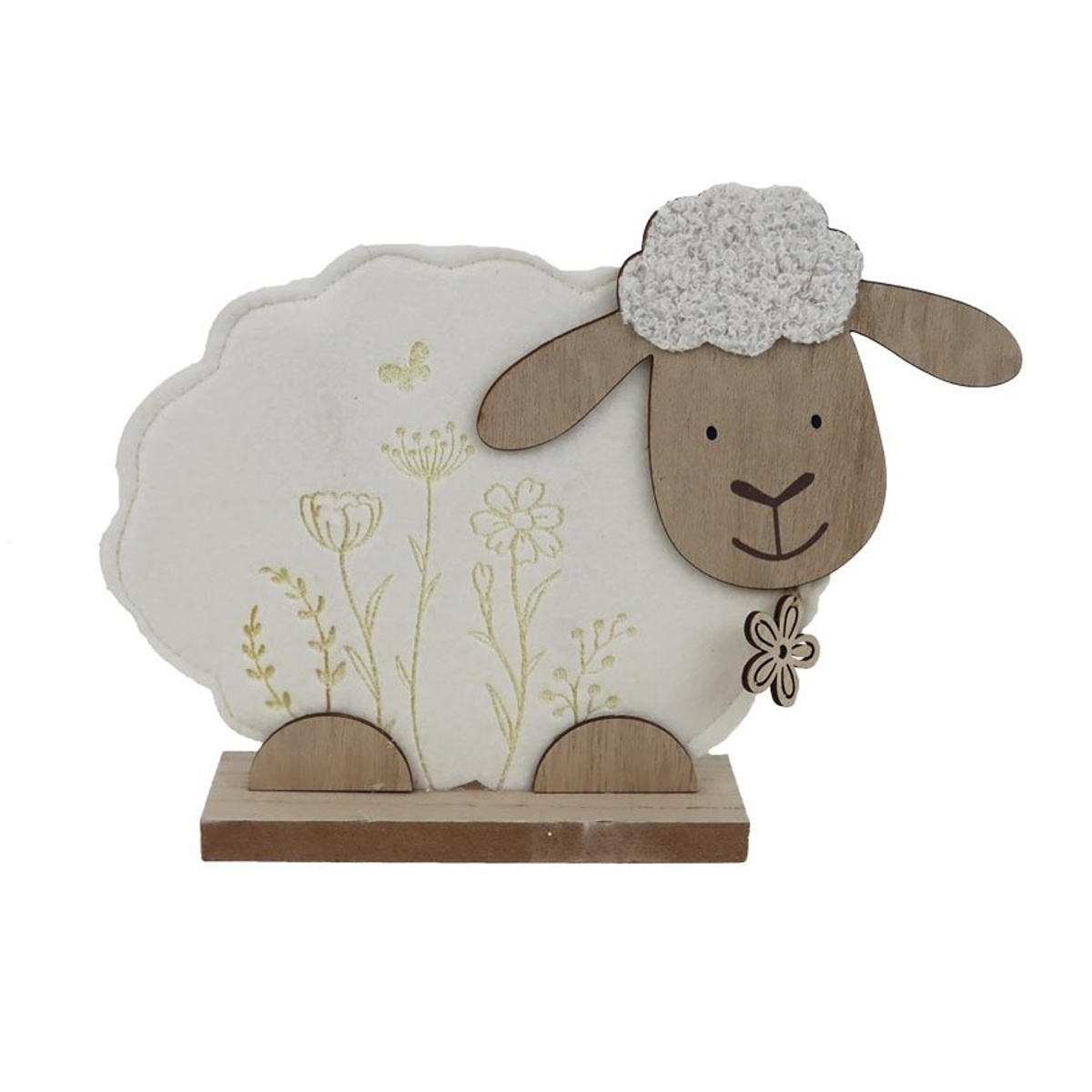 Dekorační figurky zvířat - Ovce plstěná na podstavci s květy 18cm