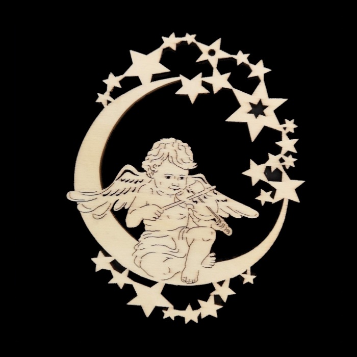 Ozdoba anděl s houslemi sedící na měsíci dřevěný 9cm