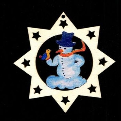Dřevěné ozdoby - Ozdoba dřevěná hvězda se sněhulákem 9cm
