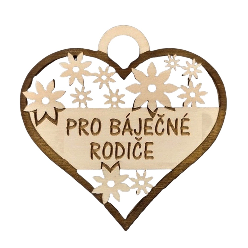 Dřevěné a proutěné dekorace - Ozdoba dřevěné srdce PRO BÁJEČNÉ RODIČE s květy hnědo-přírodní 7cm