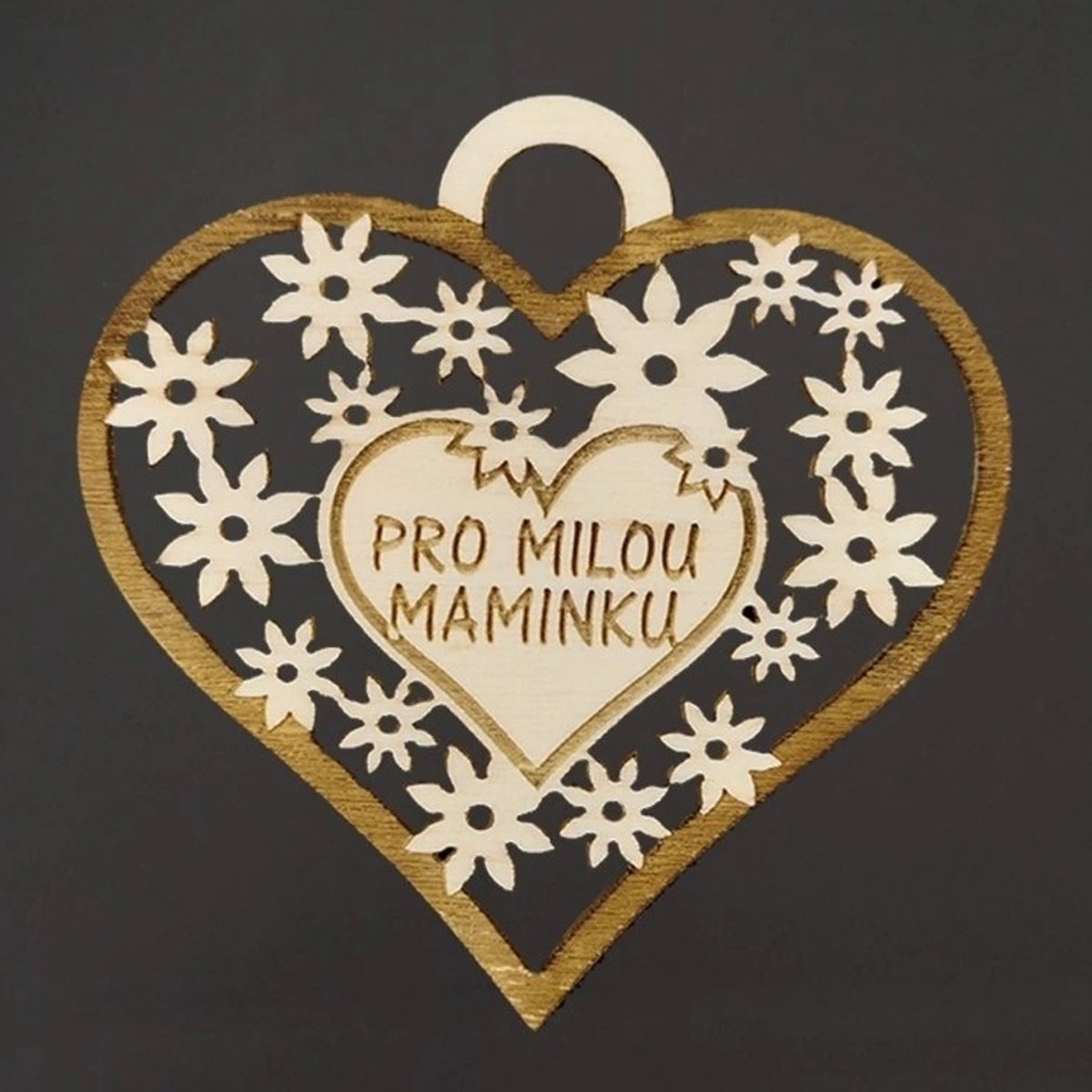 Dřevěné a proutěné dekorace - Ozdoba dřevěné srdce PRO MILOU MAMINKU s květy hnědo-přírodní 7cm