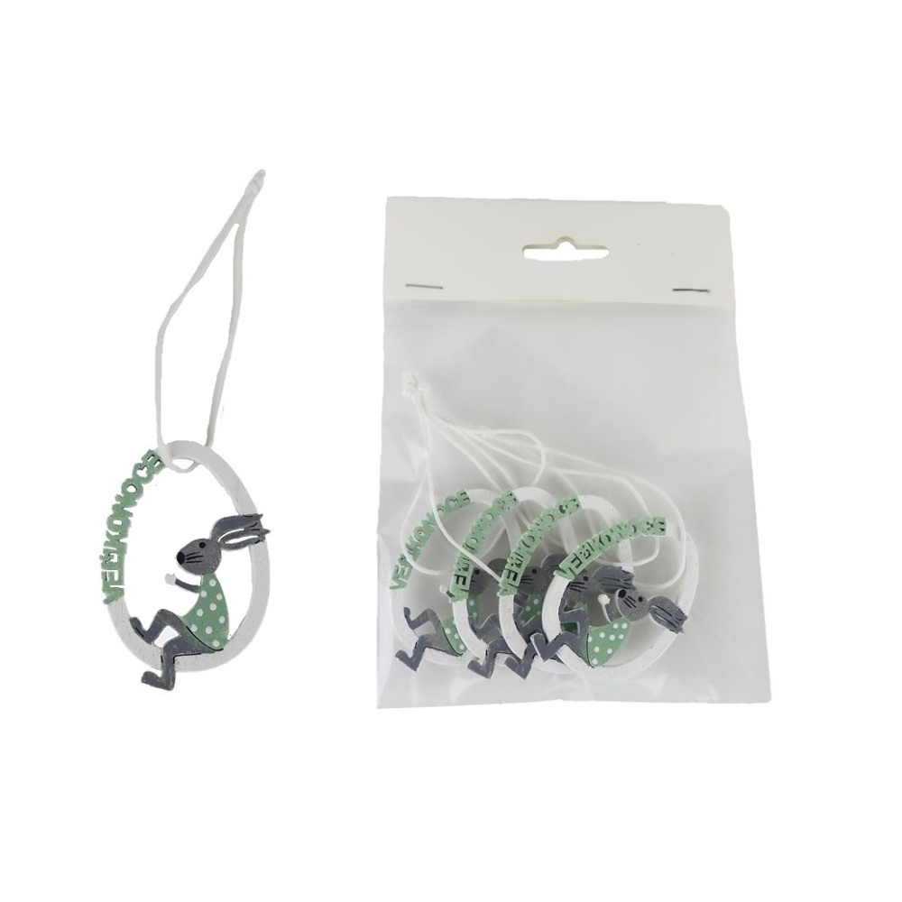 Velikonoční ozdoby - Ozdoba dřevěné vejce se zajícem uvnitř a nápisem VELIKONOCE zeleno-bílá 4ks