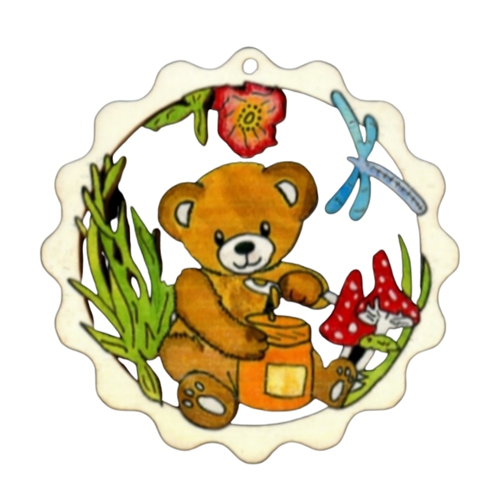 Dřevěné a proutěné dekorace - Ozdoba dřevěný medvěd s medem v kruhu hnědý 6cm