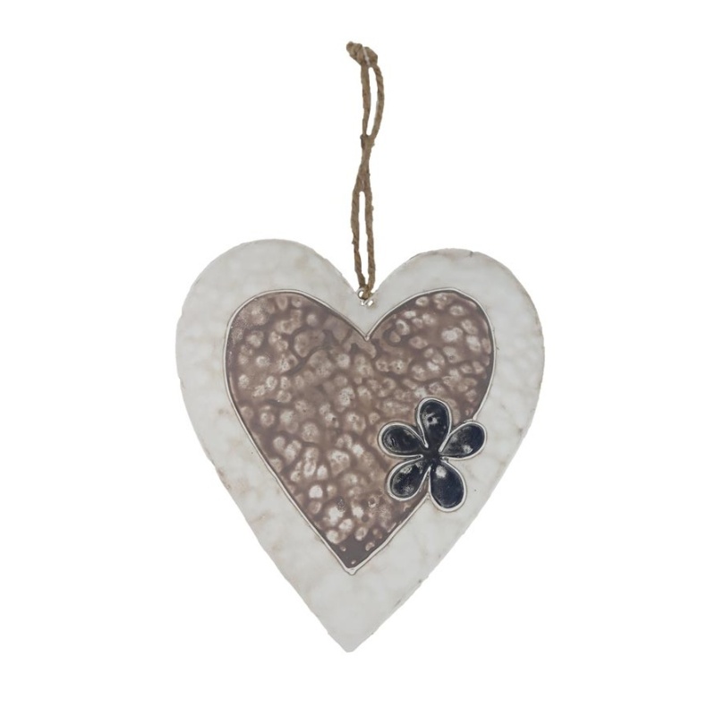 Kovové dekorace - Ozdoba kovové srdce s květem bílo-hnědé 20cm
