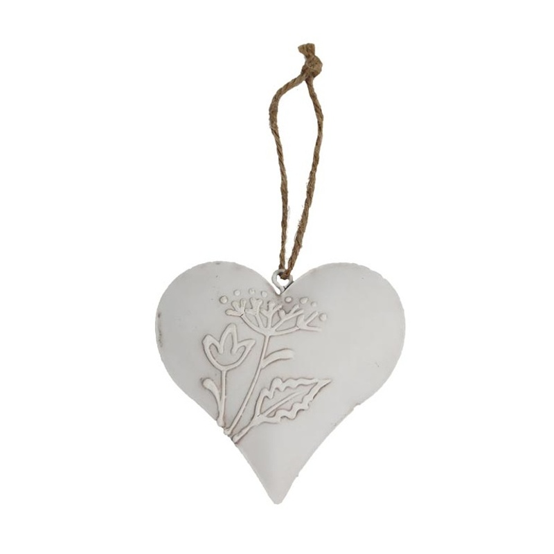 Kovové dekorace - Ozdoba kovové srdce s květy bílé 8cm