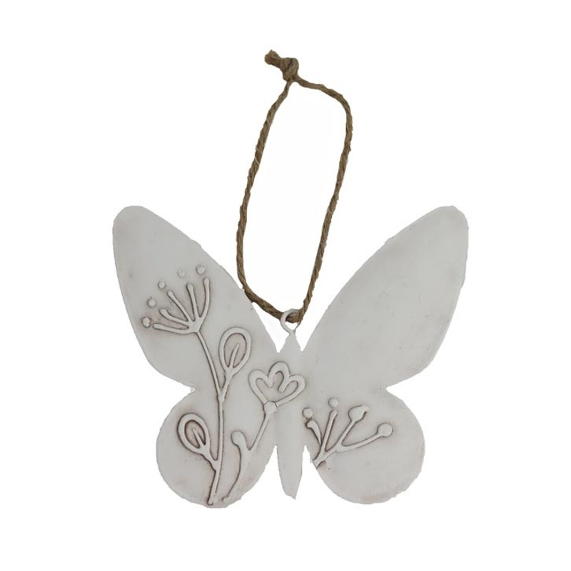 Kovové dekorace - Ozdoba kovový motýl s květy bílý 10cm
