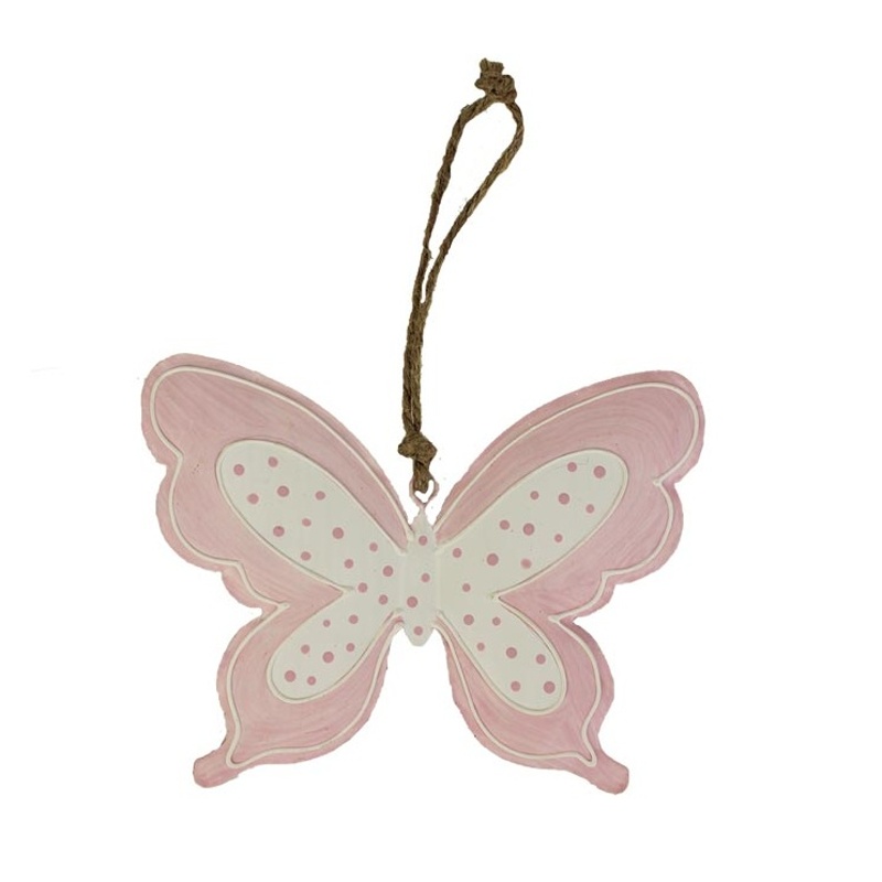 Dřevěné a proutěné dekorace - Ozdoba kovový motýl s puntíky růžovo-bílý 12,5cm