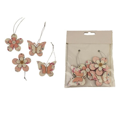 Přízdoby - Ozdoba květ a motýl 4ks dřevo bílo-růžová 5cm