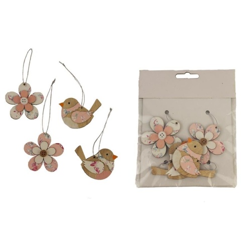 Přízdoby - Ozdoba květ a pták 4ks dřevo bílo-růžová 5cm