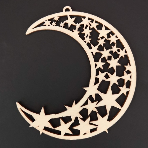 Ozdoba měsíc dekor hvězdy dřevěný přírodní 8cm