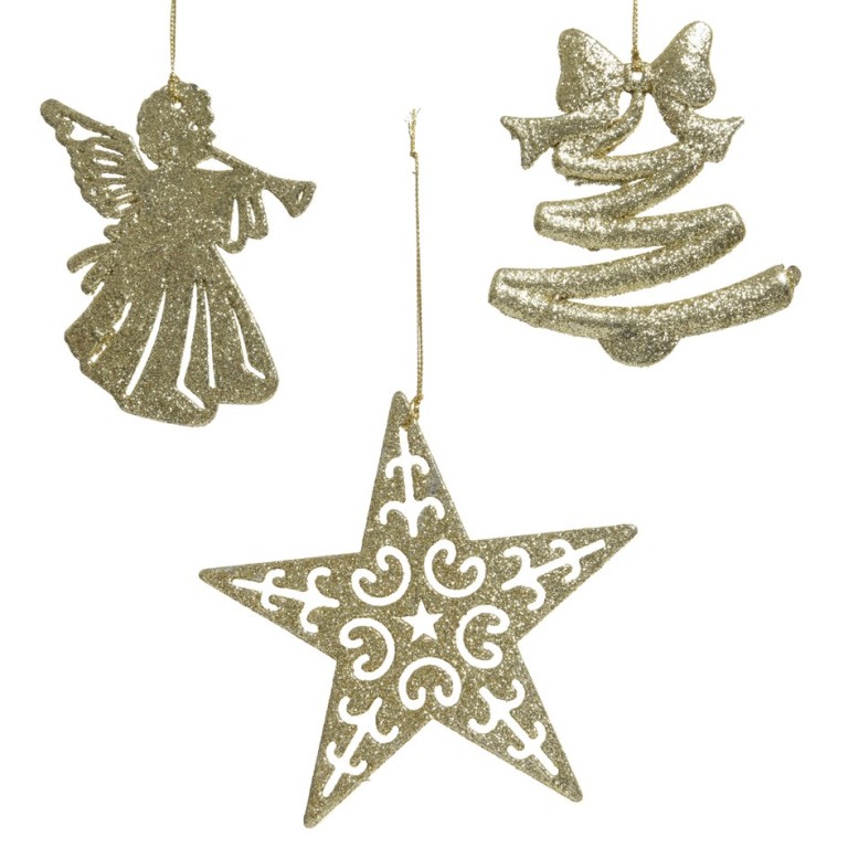 Ozdoba plastová s glitry anděl, hvězda nebo zvonek 10,5-13cm zlatá mix-0