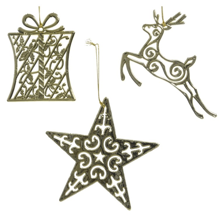 Ozdoba plastová s glitry hvězda, dárek nebo jelen 11-13,5cm zlatá mix