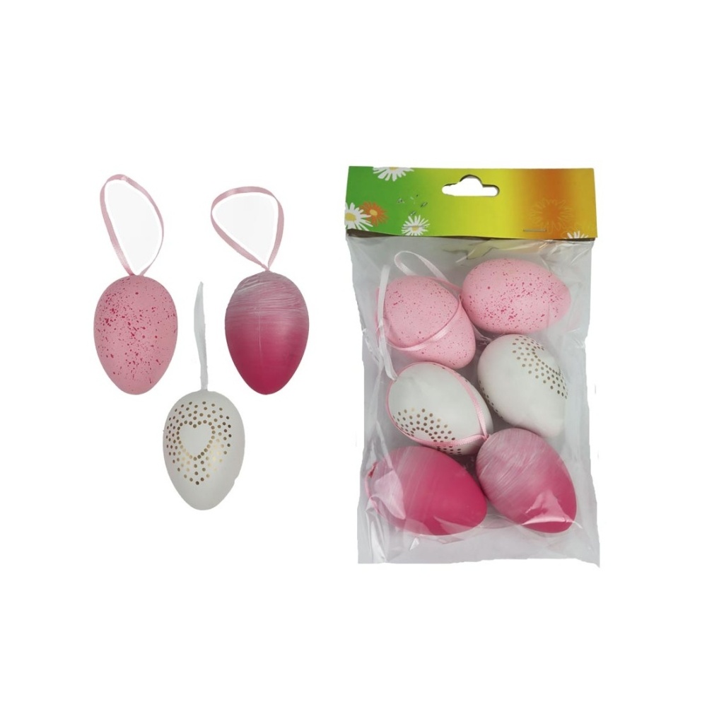 Velikonoce - Ozdoba plastové vejce se srdcem, korpením bílá/růžová mix 6ks