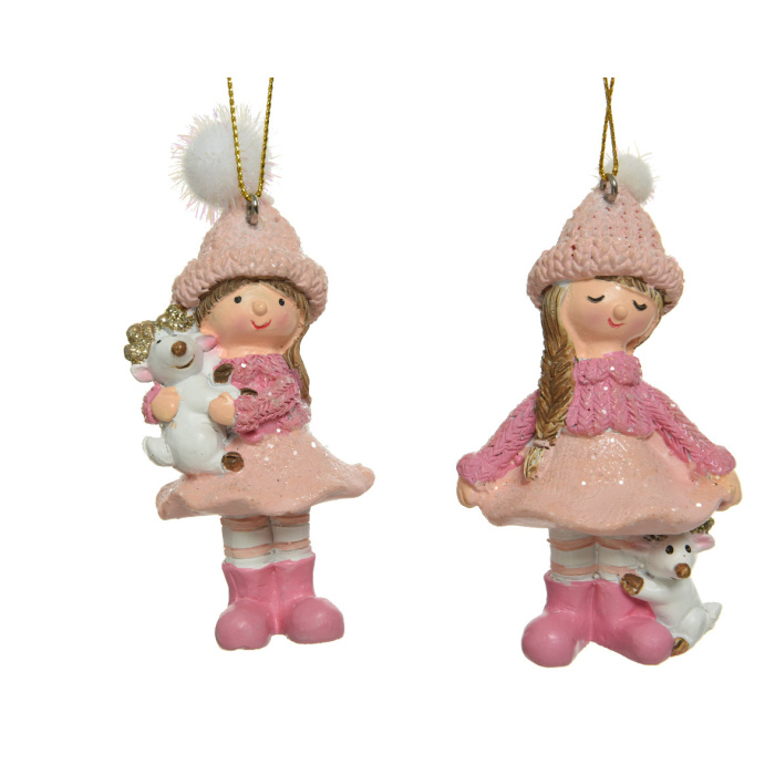 Ozdoba polyresinová dívka se psem růžová mix 9cm