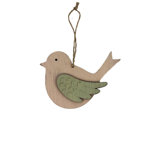 Dřevěné a proutěné dekorace - Ozdoba pták dřevo přírodní-zelená 12cm