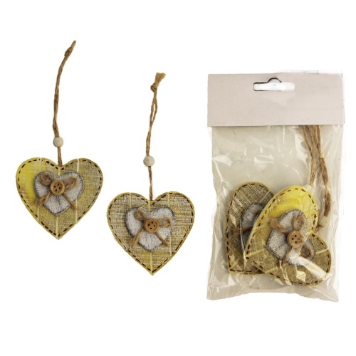 Přízdoby - Ozdoba srdce 2ks dřevo žlutá 6,5cm