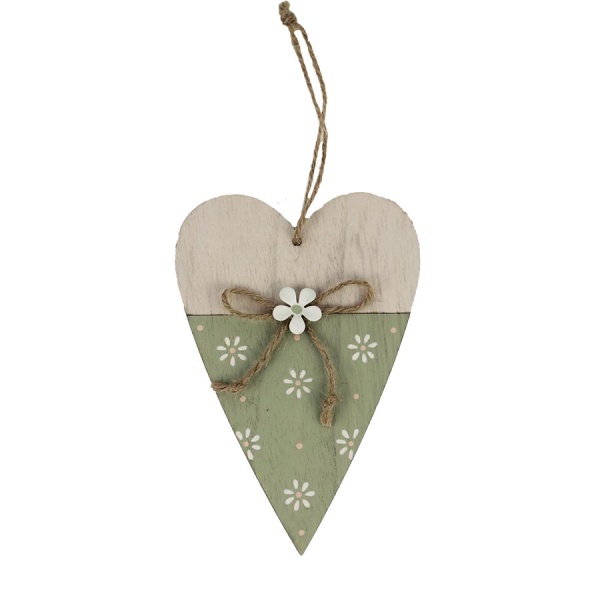 Dřevěné a proutěné dekorace - Ozdoba srdce dekor květy dřevo zelená 15cm