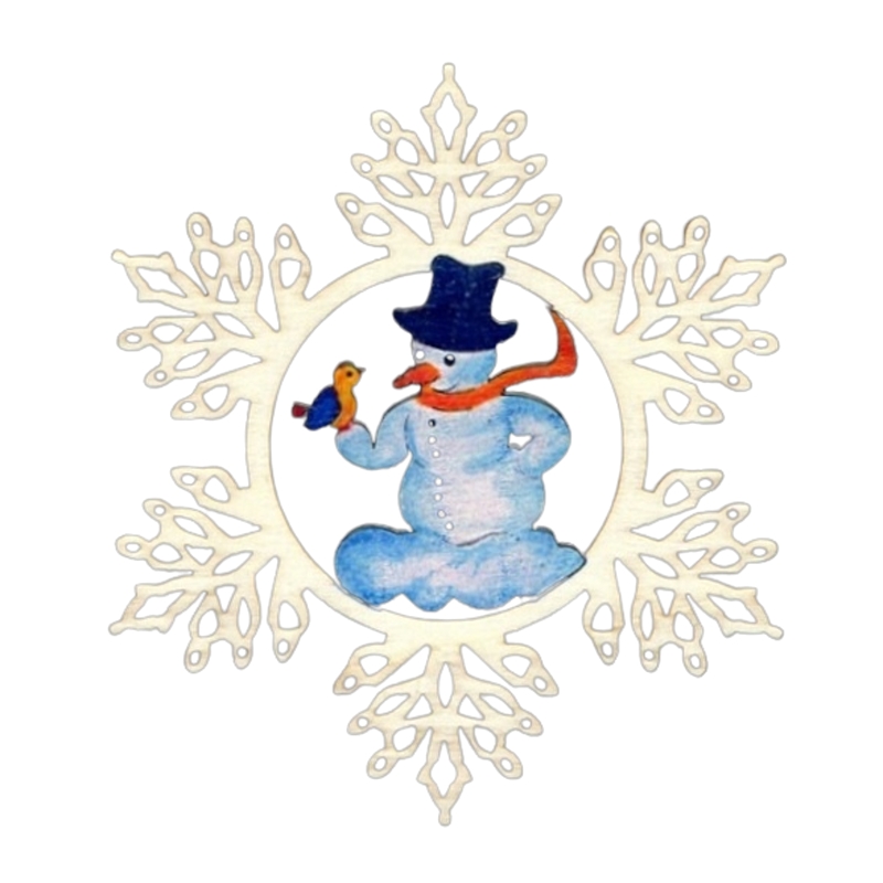 Ozdoba vločka se sněhulákem dřevěná 9cm