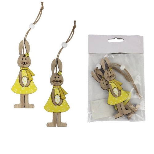 Přízdoby - Ozdoba zajíc v sukni  2ks dřevo žlutá 12cm