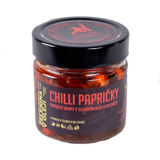 Zeleninové pochoutky - Papričky chilli v olivovém oleji a bylinkách 180g Hradecké delikatesy