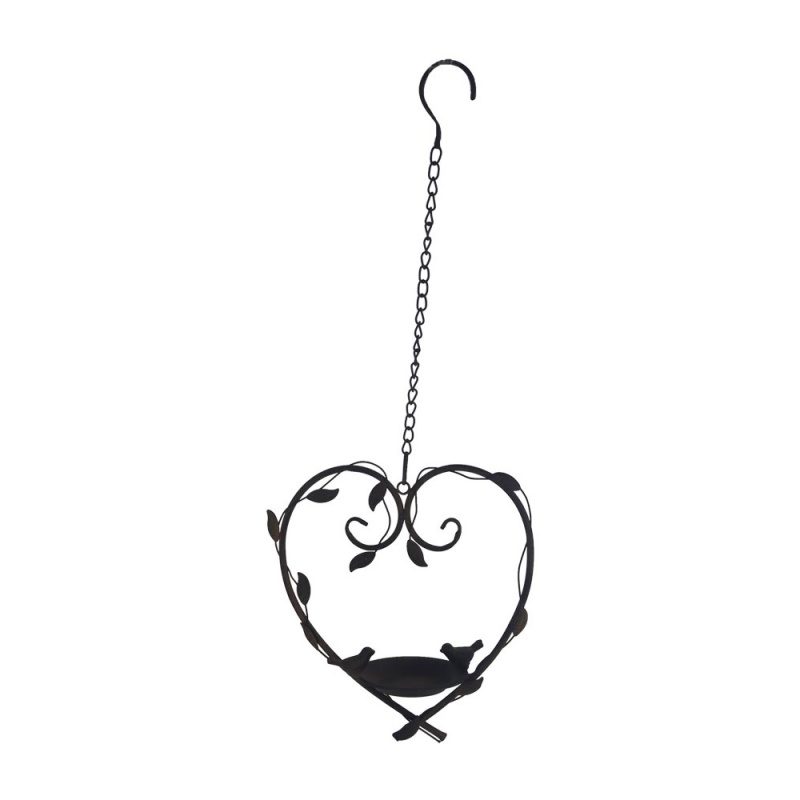 Krmítka, budky, domečky - Pítko kovové závěsné ve tvaru srdce s ptáčky hnědé 60cm