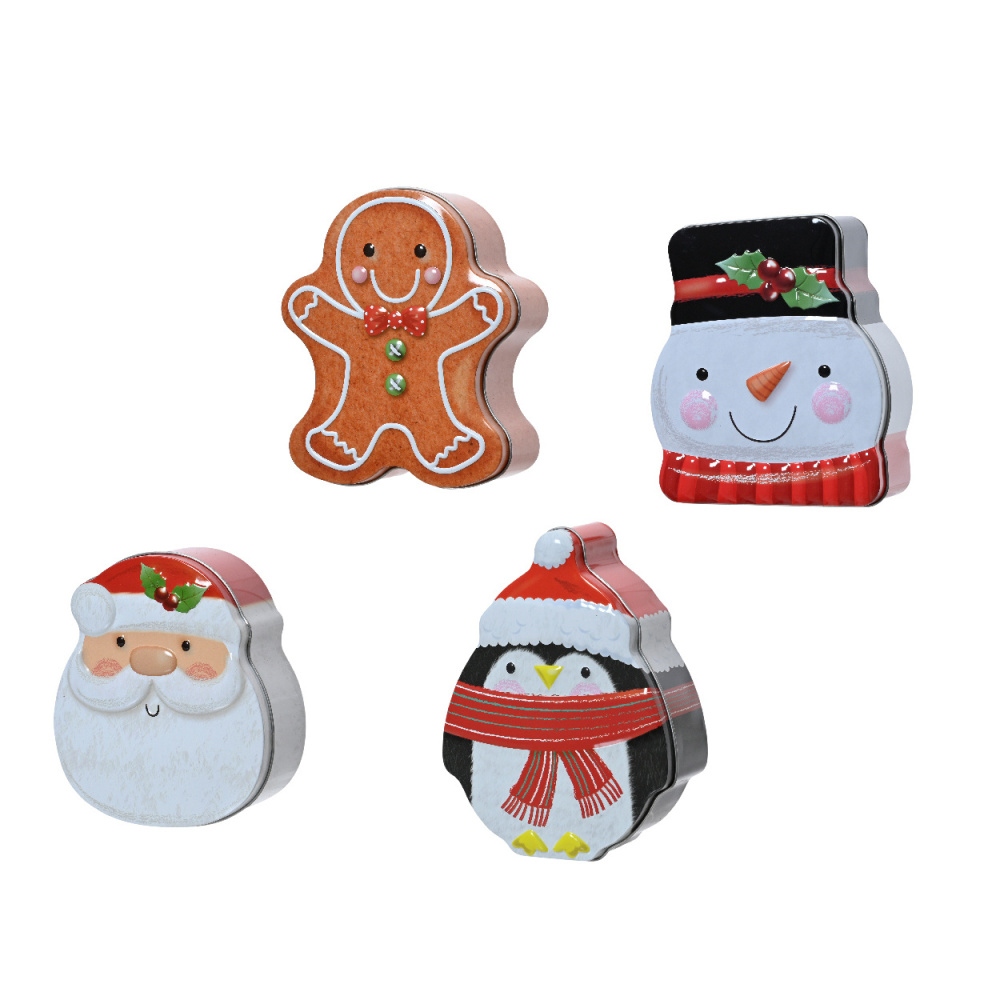 Vánoční krabice a dózy - Plechová dóza vánoční mix (Santa, sněhulák, perníček, tučňák) 13,5 cm