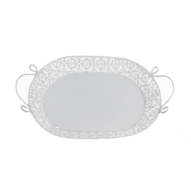 Kovové dekorace - Podnos oválný kovový s květy a 2 uchy bílý 31,5cm