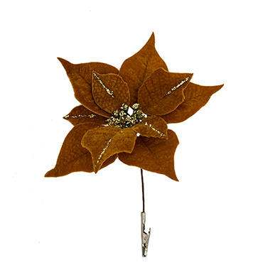 Poinsettia květ na klipu umělá samet hnědá 20cm