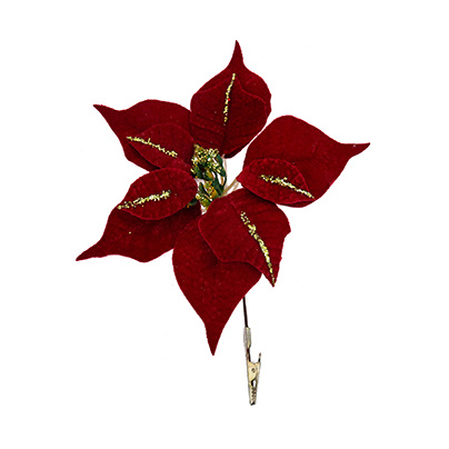 Poinsettia květ na klipu umělá samet tm.červená 20cm