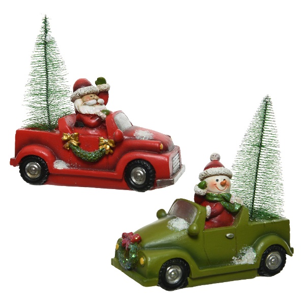 vánoční interíérové dekorace - Polyresinové auto se stromkem a postavičkou, 10,5–12 cm, mix barev
