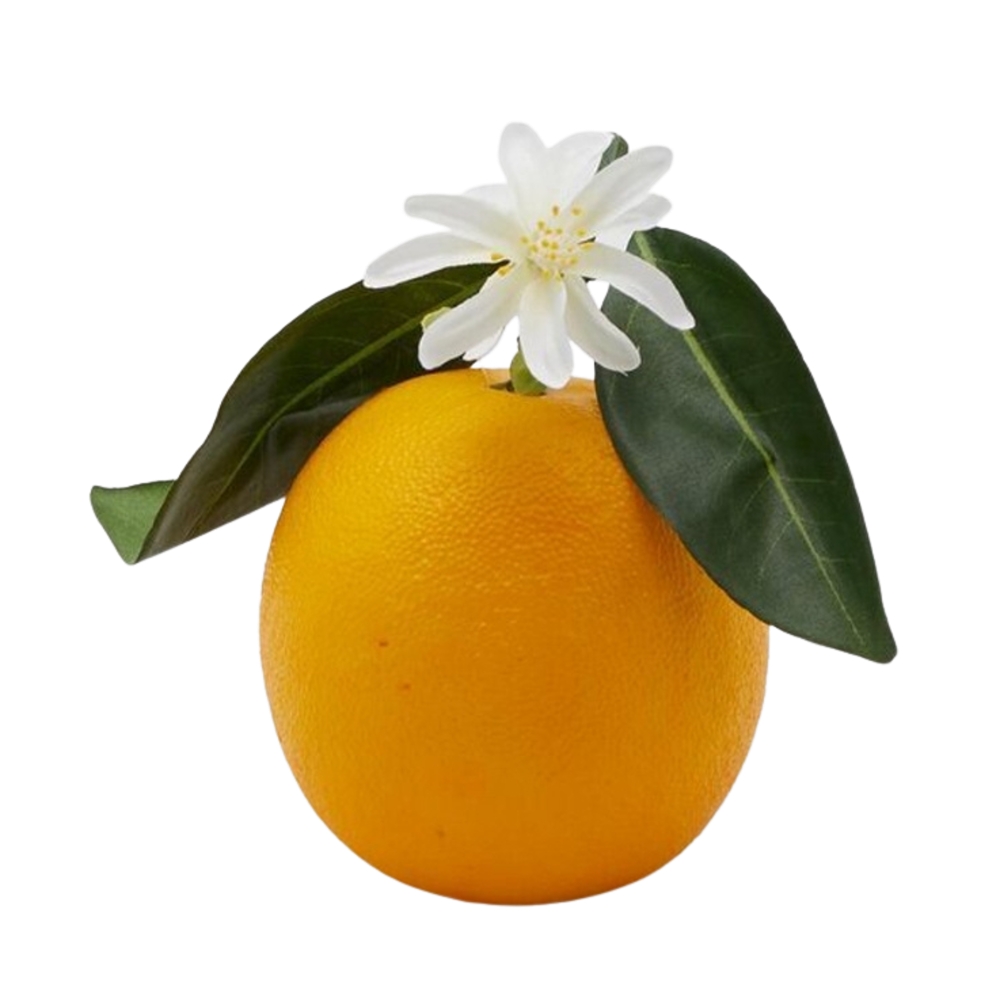Umělé ovoce a zelenina - Pomeranč s listy a květy umělý 13cm