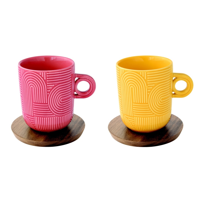 Hrnky a sklenice - Porcelánový hrnek s dřevěným podtáckem TAKE A BREAK červená/žlutá 350ml 2ks