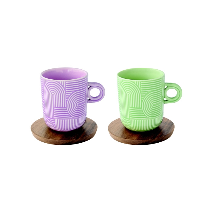 Hrnky a sklenice - Porcelánový hrnek s dřevěným podtáckem TAKE A BREAKfialová/zelená 350ml 2ks