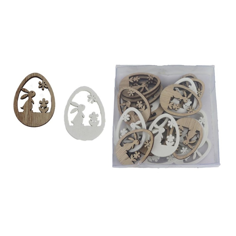 Velikonoce - Přízdoba dřevěné vejce se zajícem a květy bílé/přírodní mix 24ks