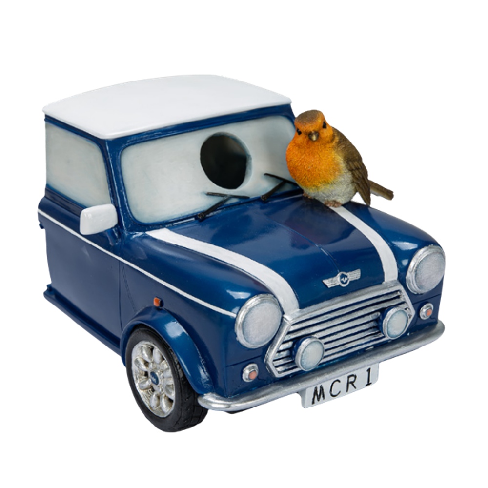 Krmítka, budky, domečky - Ptačí budka auto Mini Cooper s červenkou polyresinová 19cm