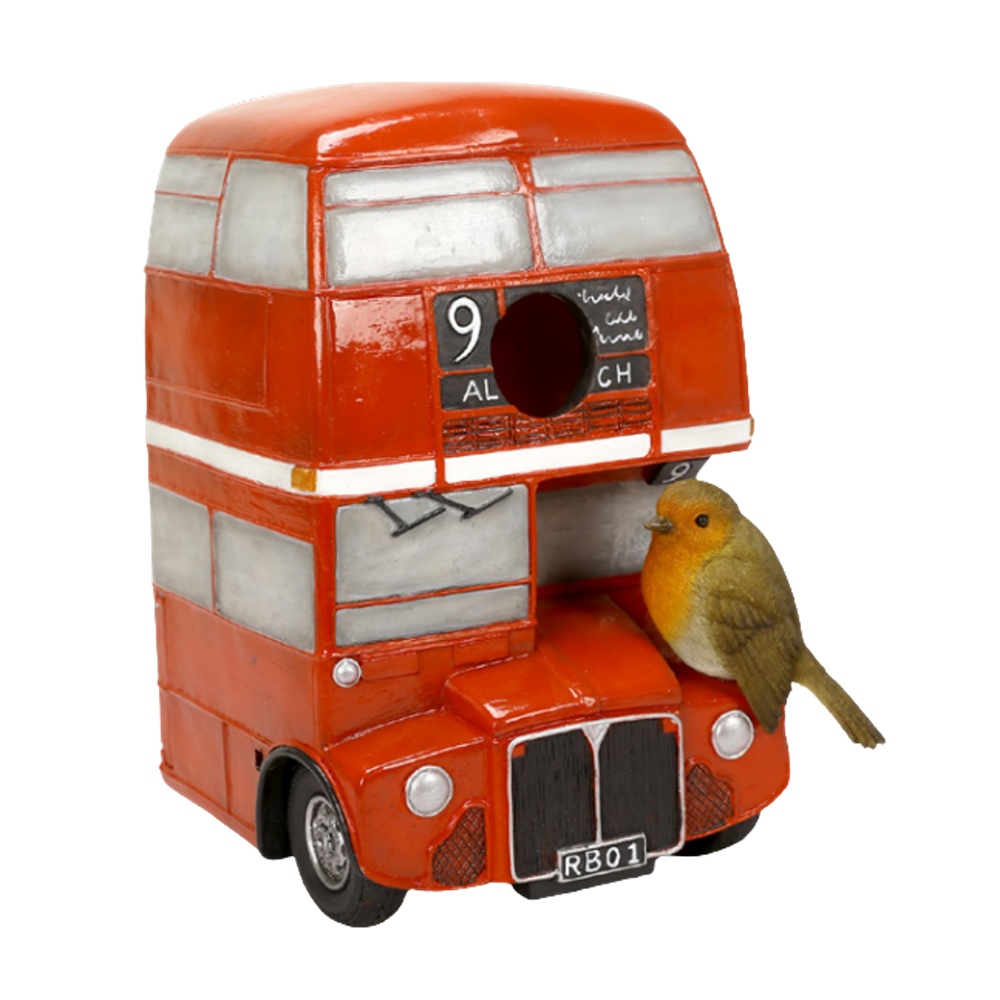 Krmítka, budky, domečky - Ptačí budka londýnský autobus s červenkou polyresinová 23cm