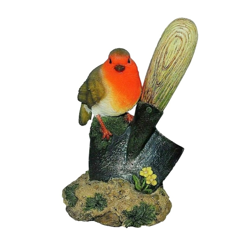 Venkovní zvířátka - Pták červenka na lopatce polyresinová 16cm