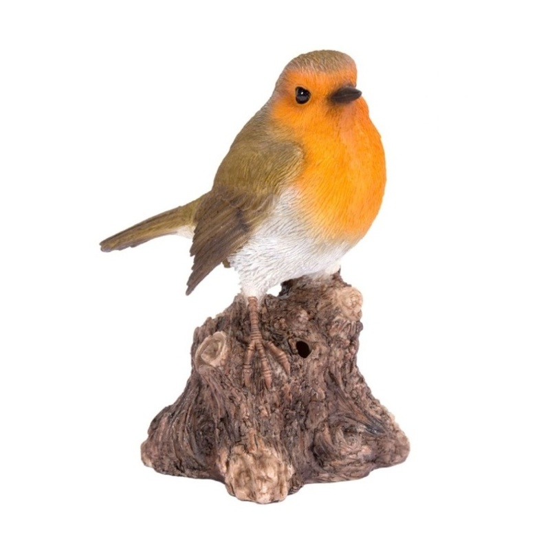 Venkovní zvířátka - Pták červenka na pařezu se zvukem polyresinová 14cm