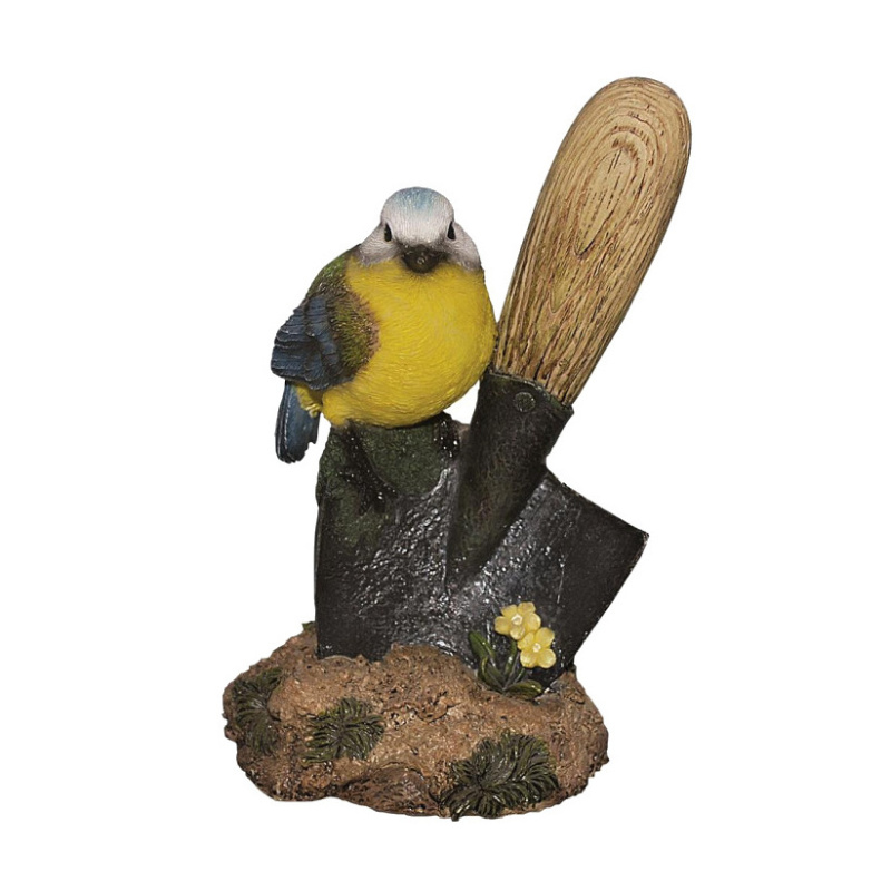 Venkovní zvířátka - Pták sýkora modřinka na lopatce polyresinová 16cm