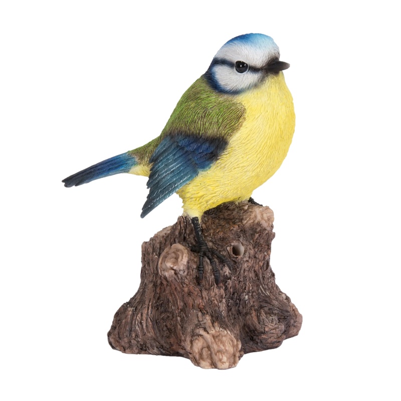 Venkovní zvířátka - Pták sýkora modřinka na pařezu se zvukem polyresinová 14cm
