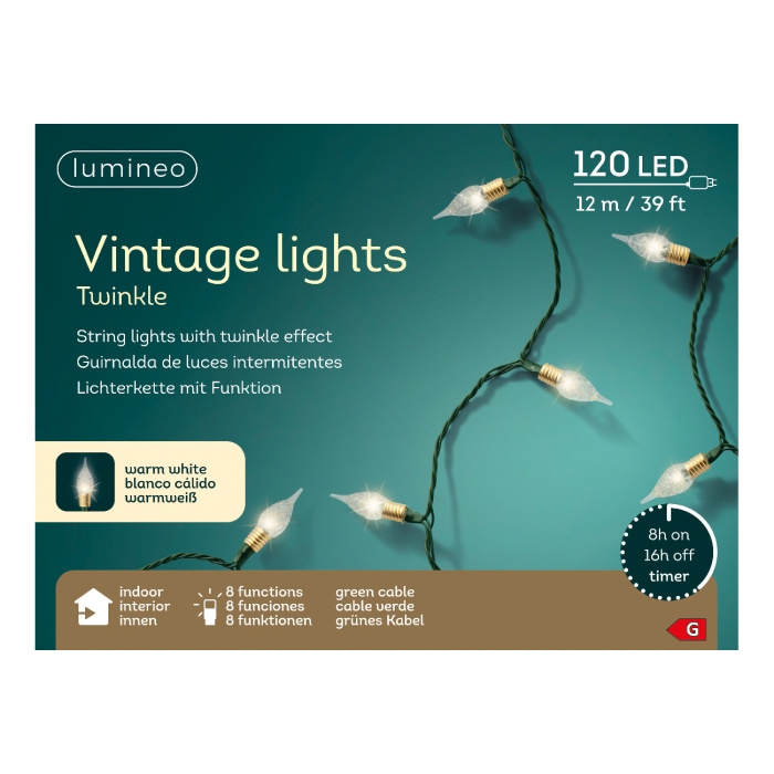 Řetěz svítící 120LED Vintage t.bílá, s časovačem, 8 funkcí zelený 11,9m-0