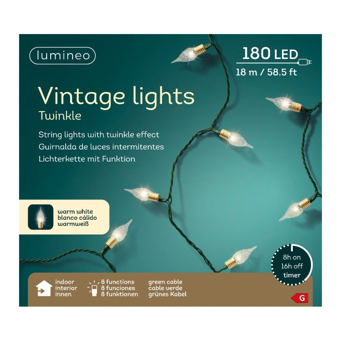 Interiérové vánoční osvětlení - Řetěz svítící 180LED Vintage t.bílá s časovačem, 8 funkcí zelený 17,9m