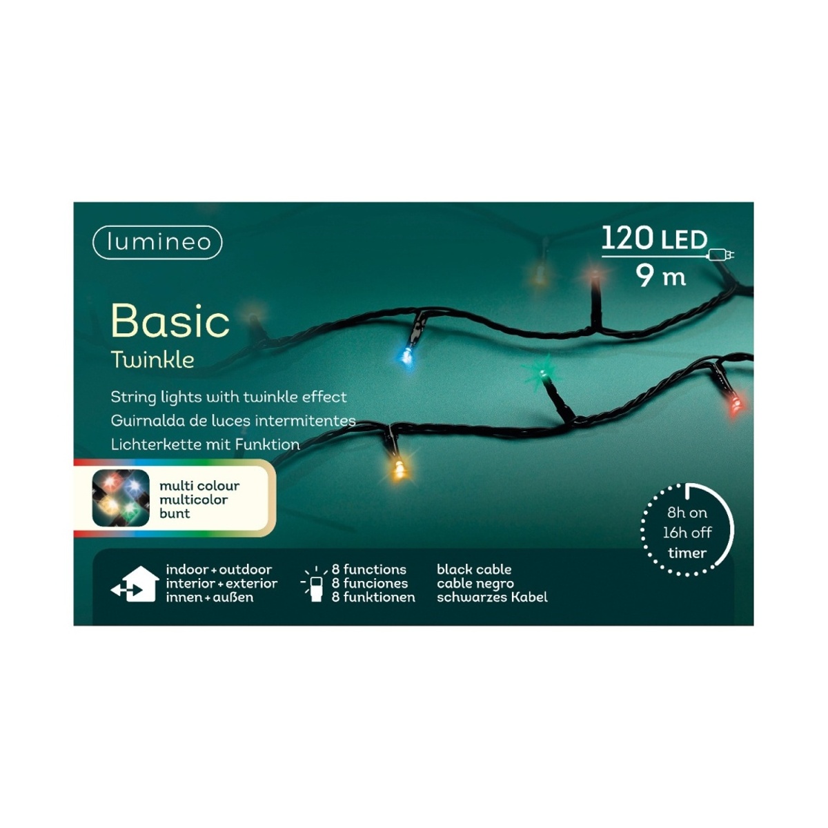 Vánoční světelné řetězy - Řetěz svítící venkovní Basic 120LED barevný s časovačem, 8 funkcí černý 9m