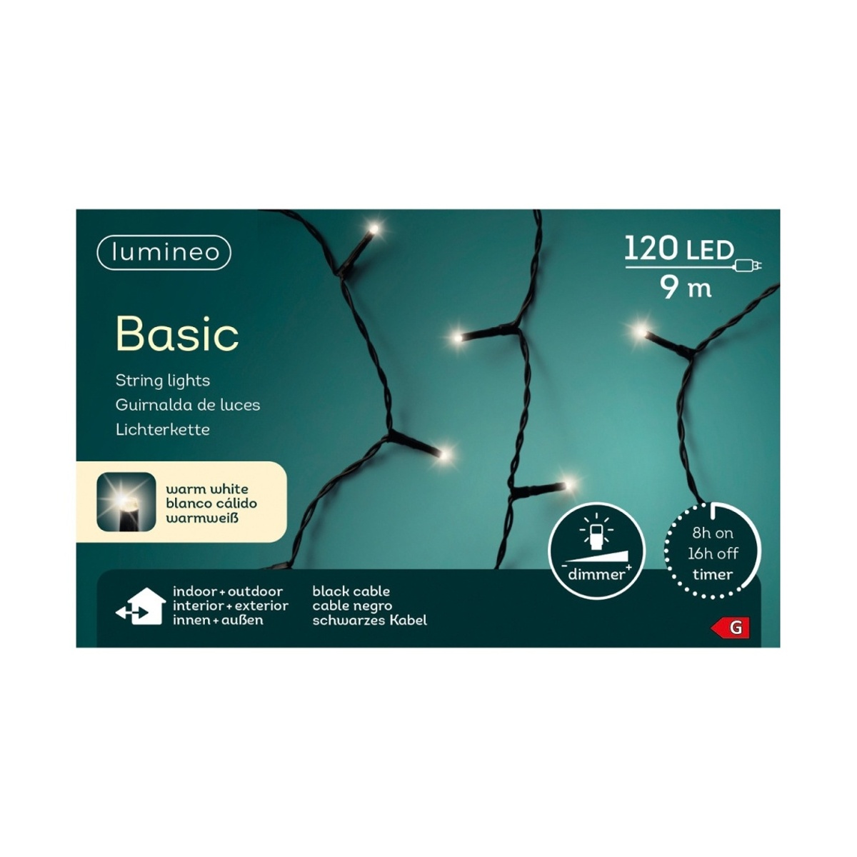 Vánoční světelné řetězy - Řetěz svítící venkovní Basic 120LED t.bílá s časovačem černý 9m