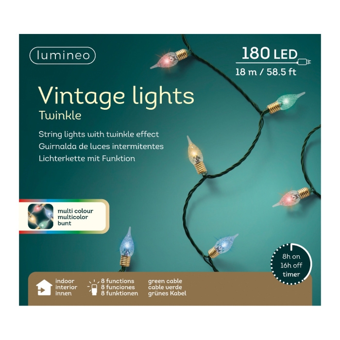 Řetěz svítící vnitřní 180LED Vintage multi s časovačem, 8 funkcí, zelený 17,9m-0