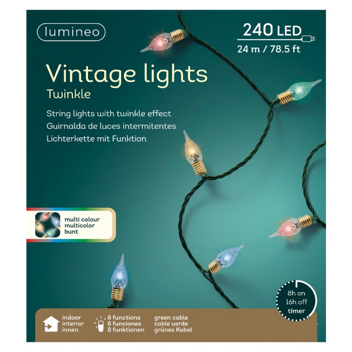 Řetěz svítící vnitřní 240LED Vintage multi s časovačem, 8 funkcí, zelený 23,9m-0