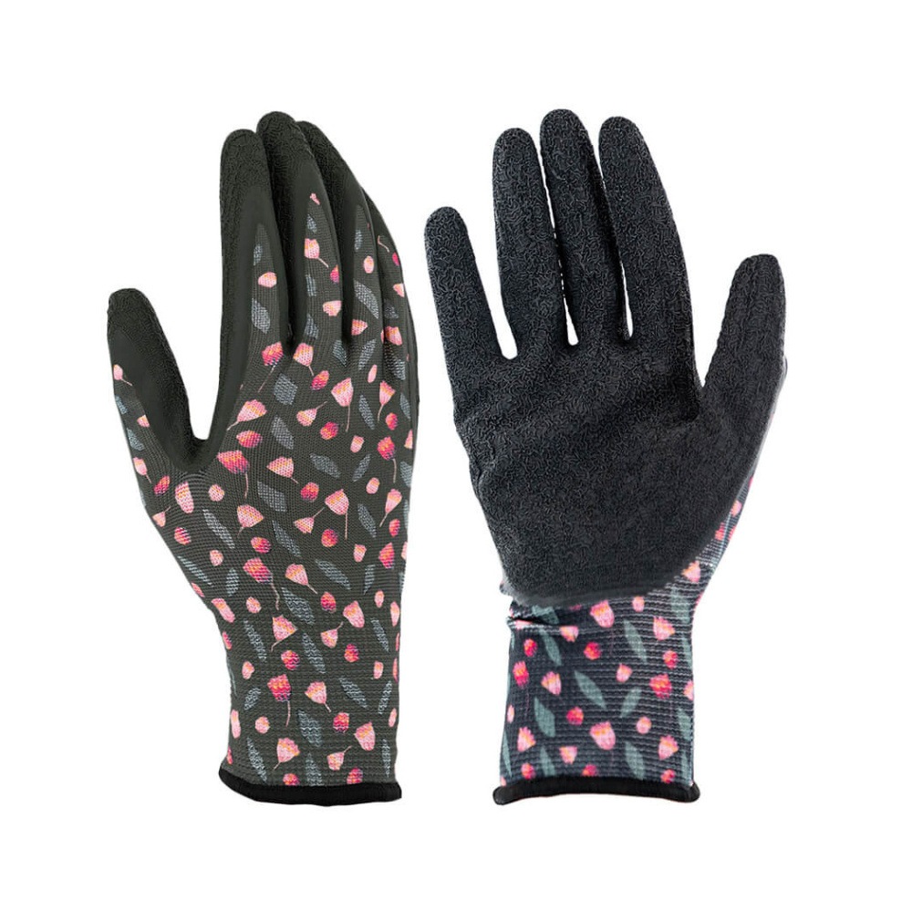 Zahradnické rukavice - Rukavice dámské MILY polyester/latex černé s květy vel.8