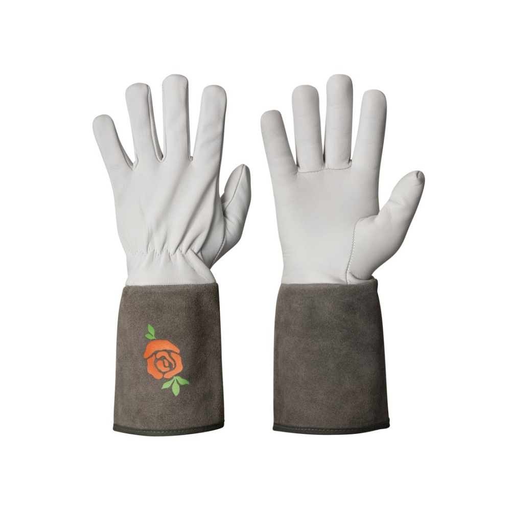 Zahradnické rukavice - Rukavice dámské prodloužené kožené s růží šedo-bílé vel.8