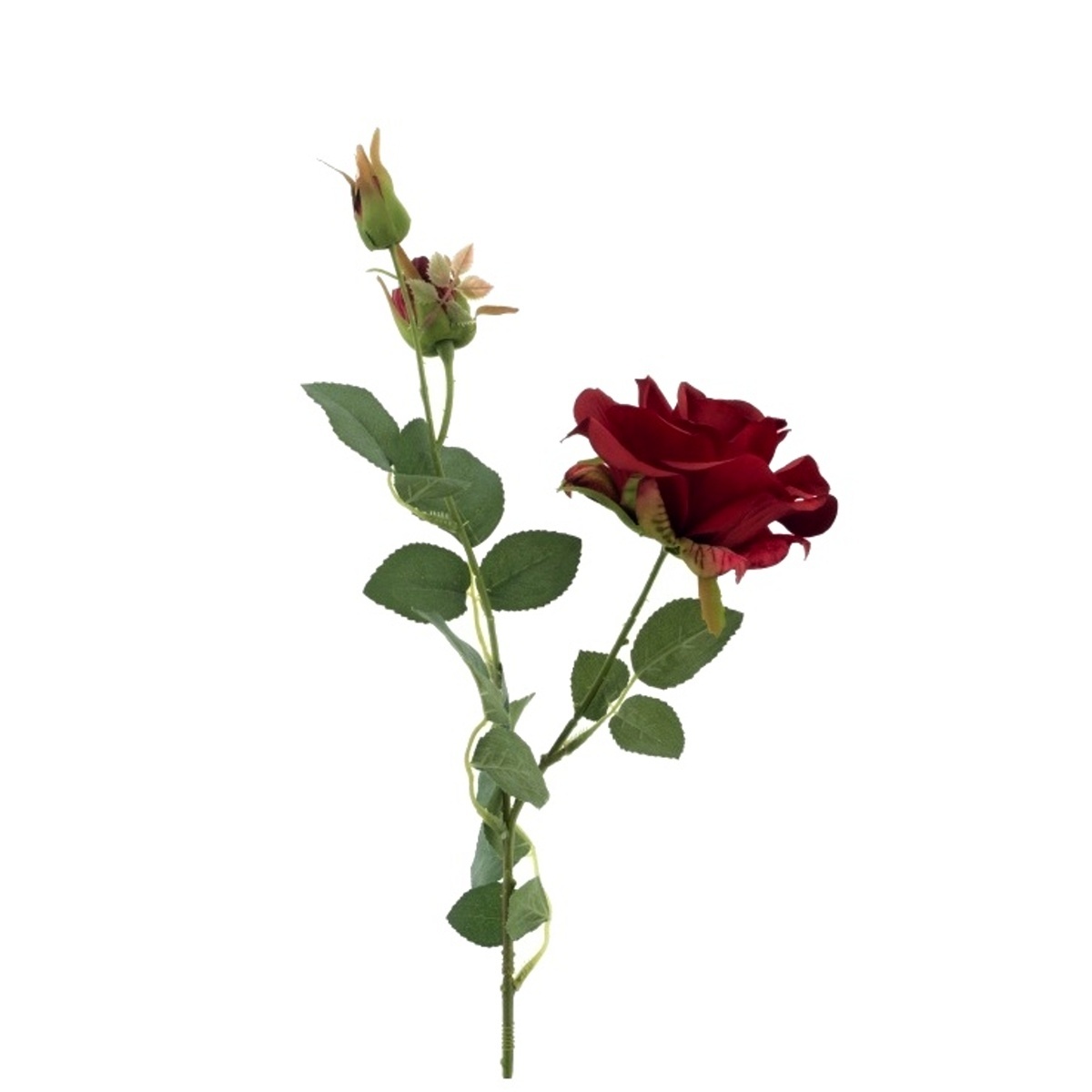 Letní umělé květiny - Růže SEINA řezaná umělá s 1 květem a 2 poupaty červená 65cm